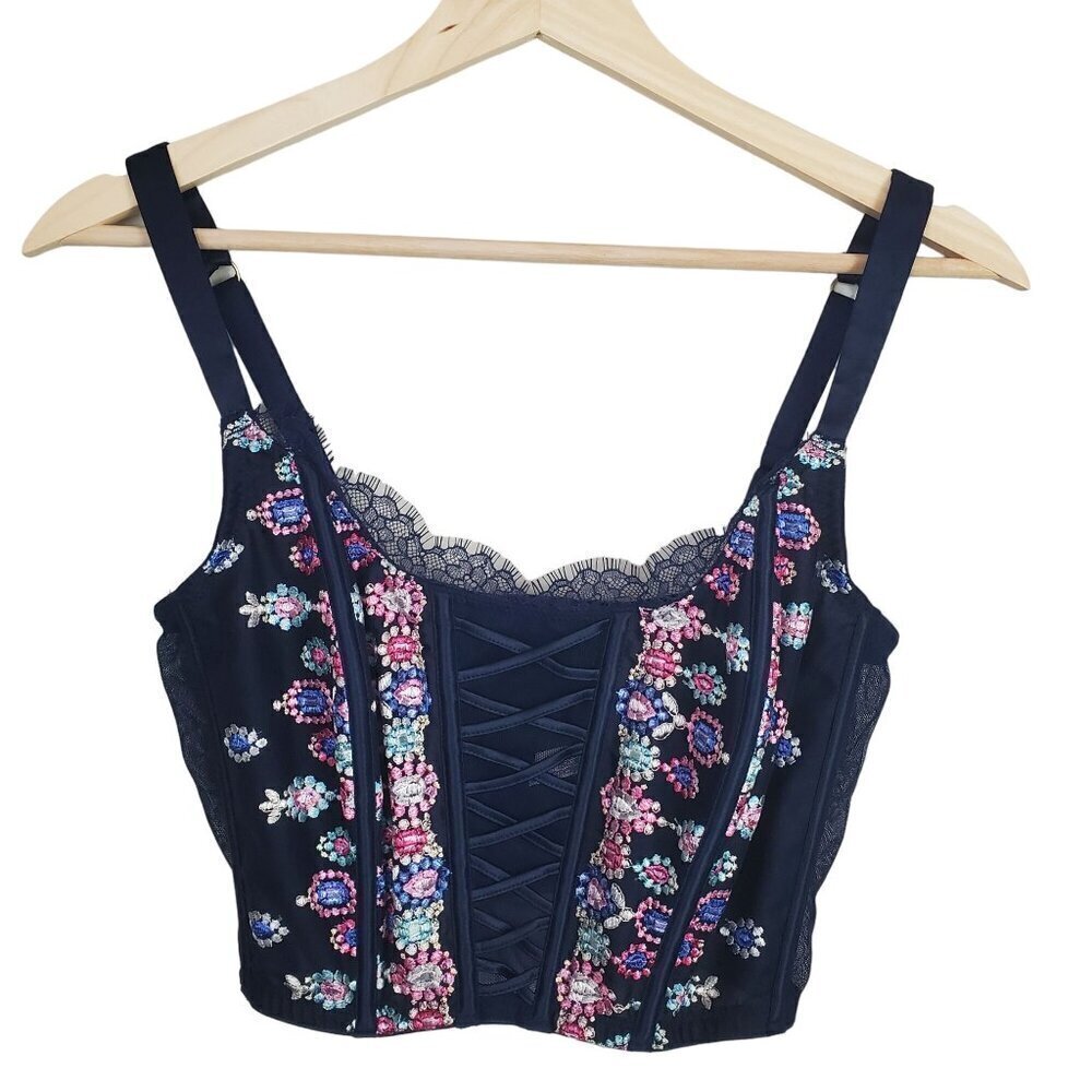 Victoria's Secret Dream Angels‎ Corset Bra M DD Navy Blue Floral Victorian Sexy